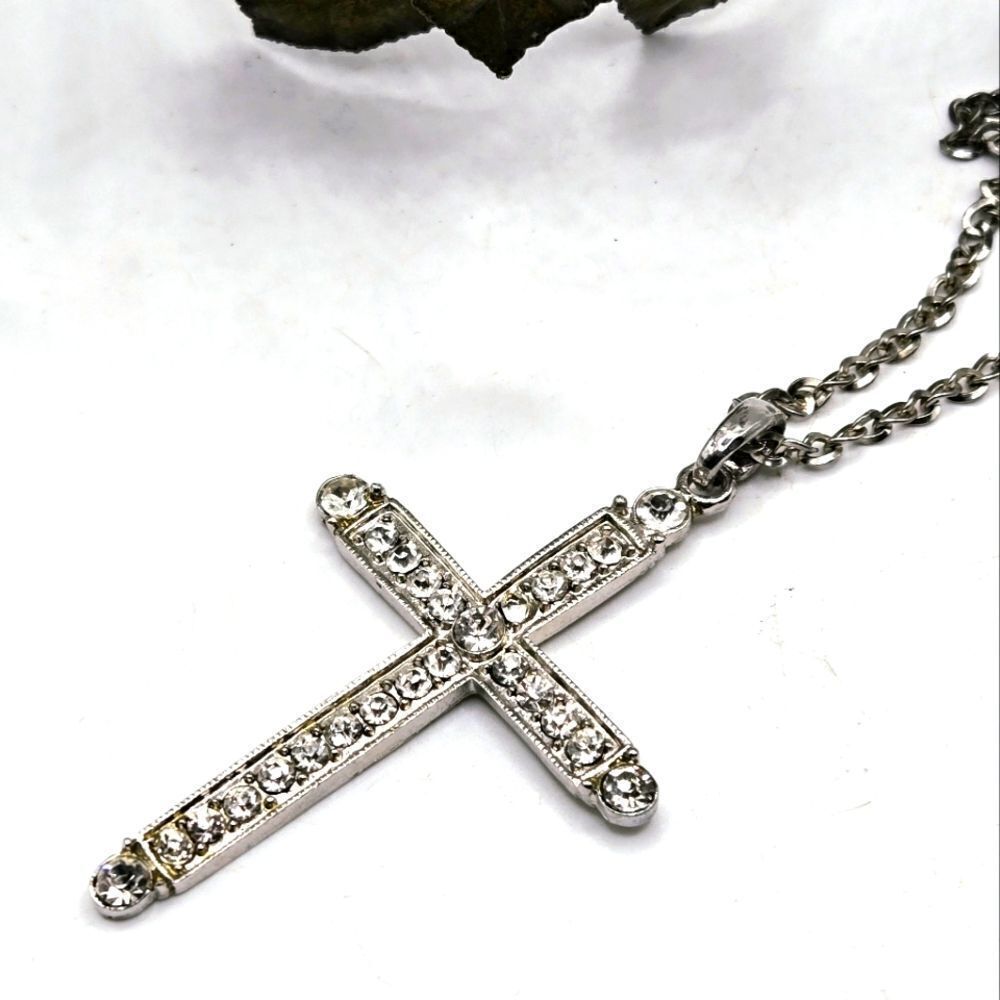 "5/$40" Silvertone Rhinestone Large Cross Pendant Chain Necklace